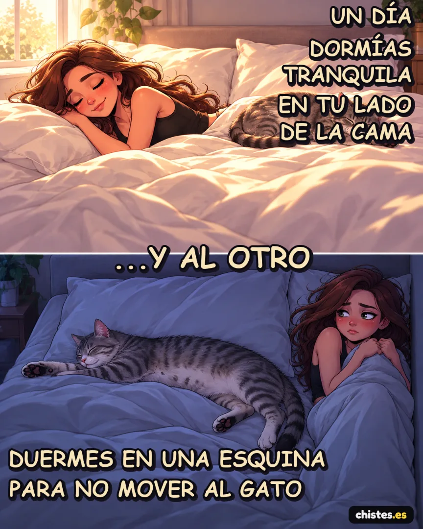 Un día... dormías tranquila en tu lado de la cama — duermes en una esquina para no mover al gato