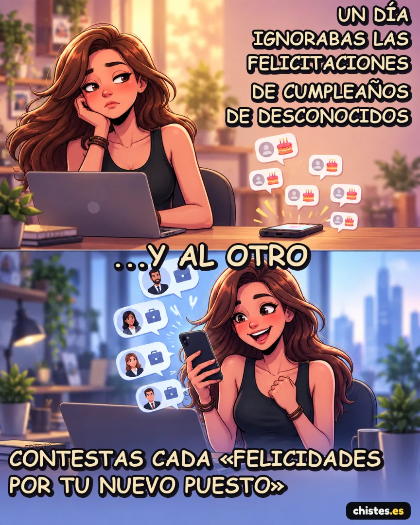 Un día... ignorabas las felicitaciones de cumpleaños de desconocidos — contestas cada «felicidades por tu nuevo puesto»