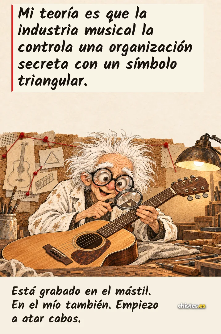 Mi teoría es que la industria musical la controla una organización secreta con un símbolo triangular. — Está grabado en el mástil. En el mío también. Empiezo a atar cabos.